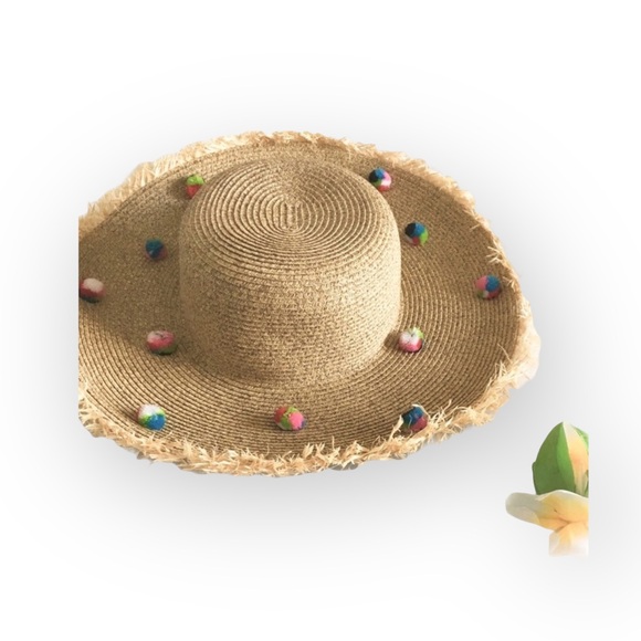 new ✶ Pom Pom Embellished ✶ Raffia Straw Wide Brim Sun Hat ✶ Resort Cruise Chic - Picture 8 of 16